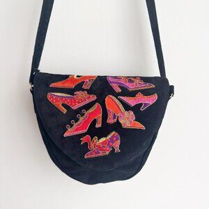 Vintage J. Renee Black Suede Shoe Embroidered Oval Crossbody Bag